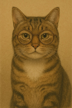Illustration of a cat wearing glasses on a brown background that the founder feels looks like him if he were born a cat