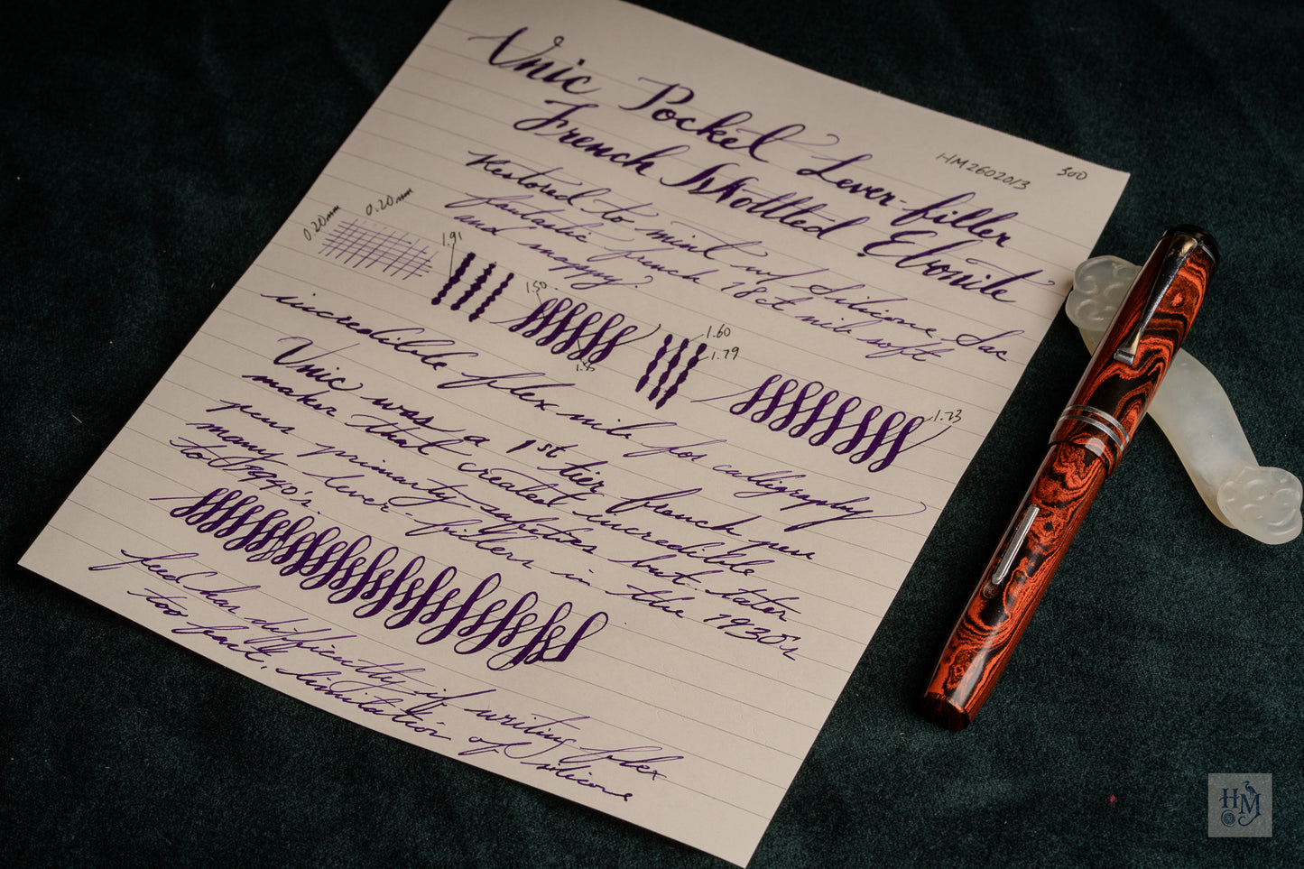 Unic Pocket Lever-Filler NPT, French Mottled Ebonite, 18ct Semi-Brush Nib