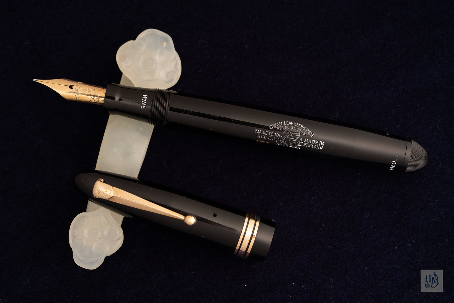 Swan 4460 (1060) Torpedo, #4 Gold Artist, Black Celluloid, 3-band Gold Trim