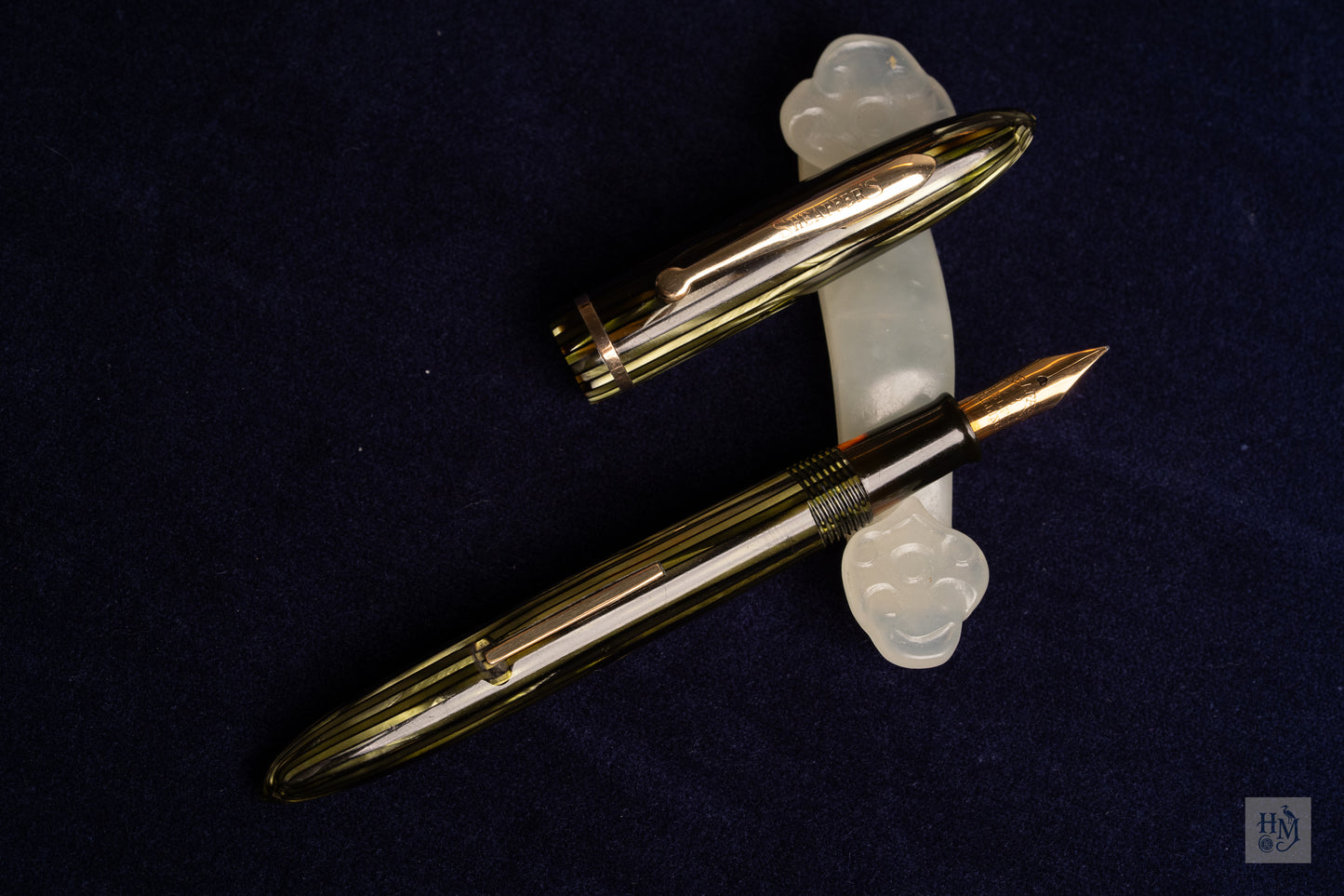 Sheaffer Balance Junior, Green Striated Celluloid GPT, Feather #2 14k
