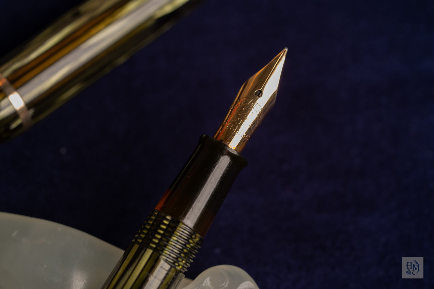Sheaffer Balance Junior, Green Striated Celluloid GPT, Feather #2 14k