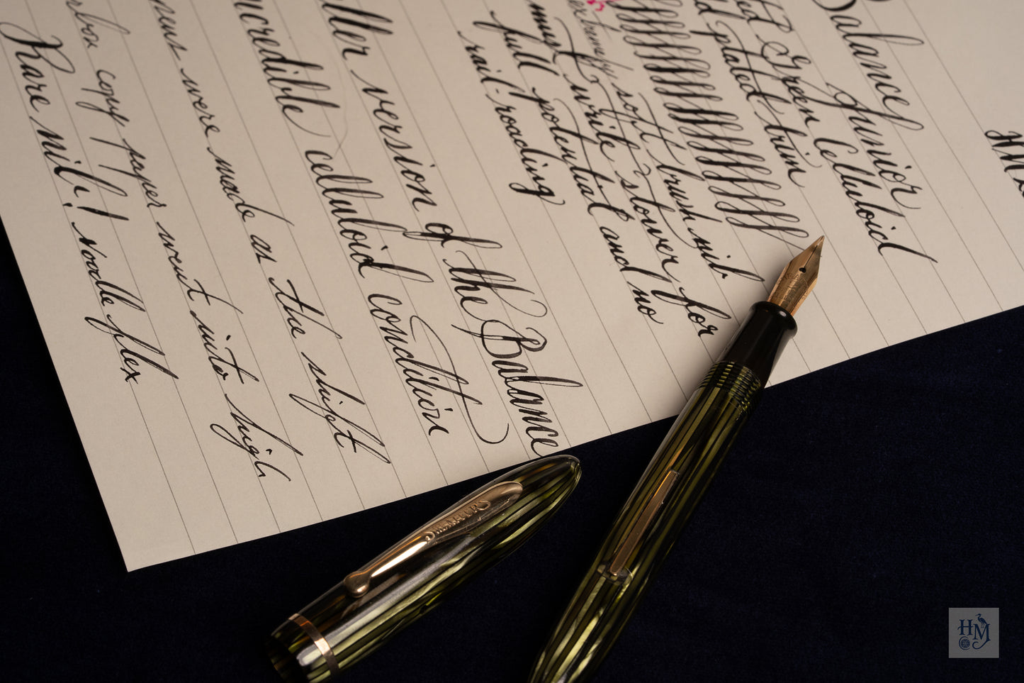 Sheaffer Balance Junior, Green Striated Celluloid GPT, Feather #2 14k