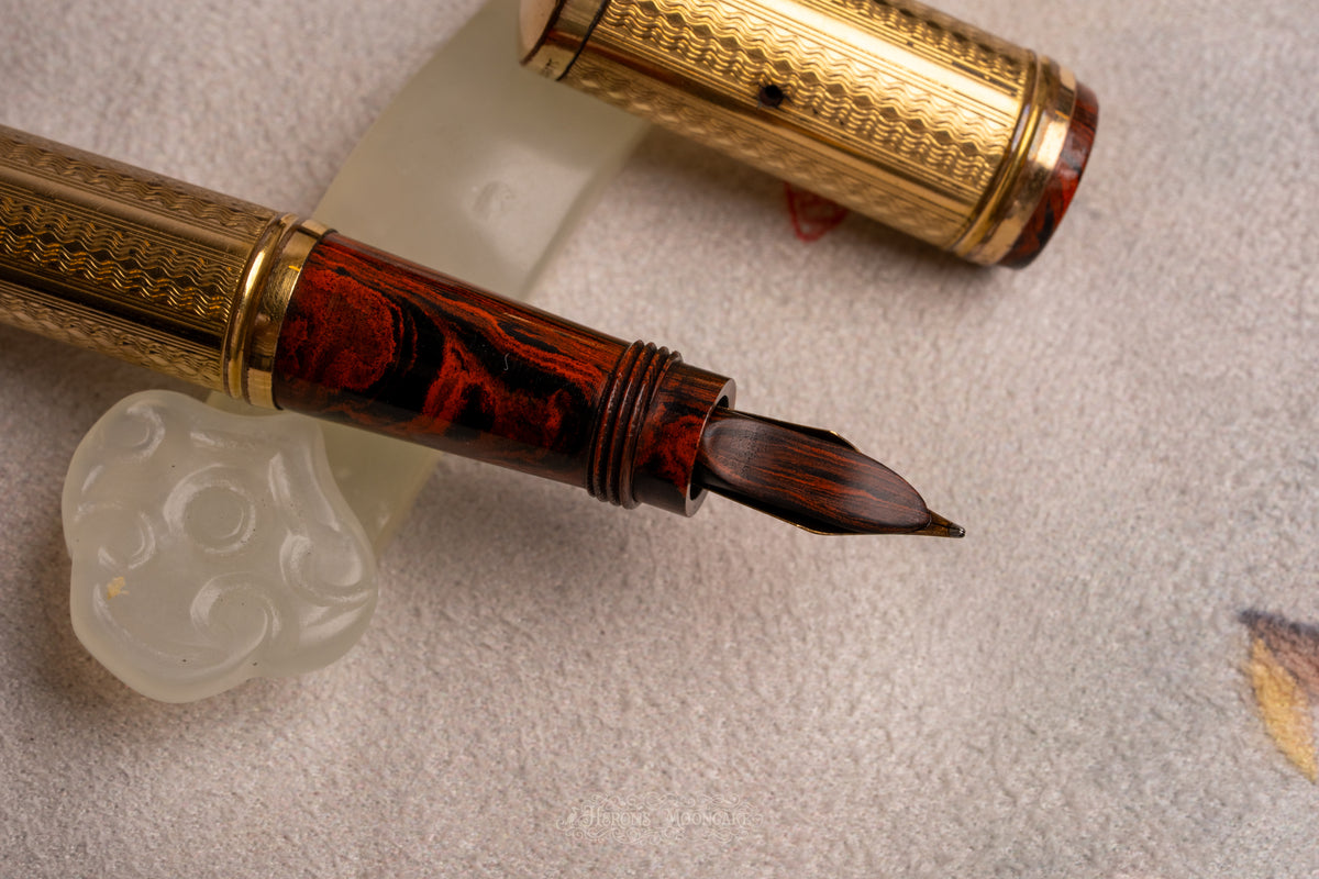 Unic | 1 Safety | Red Mottled French Ebonite, GF Waves Guilloché Overlay | 18ct #2 Flex