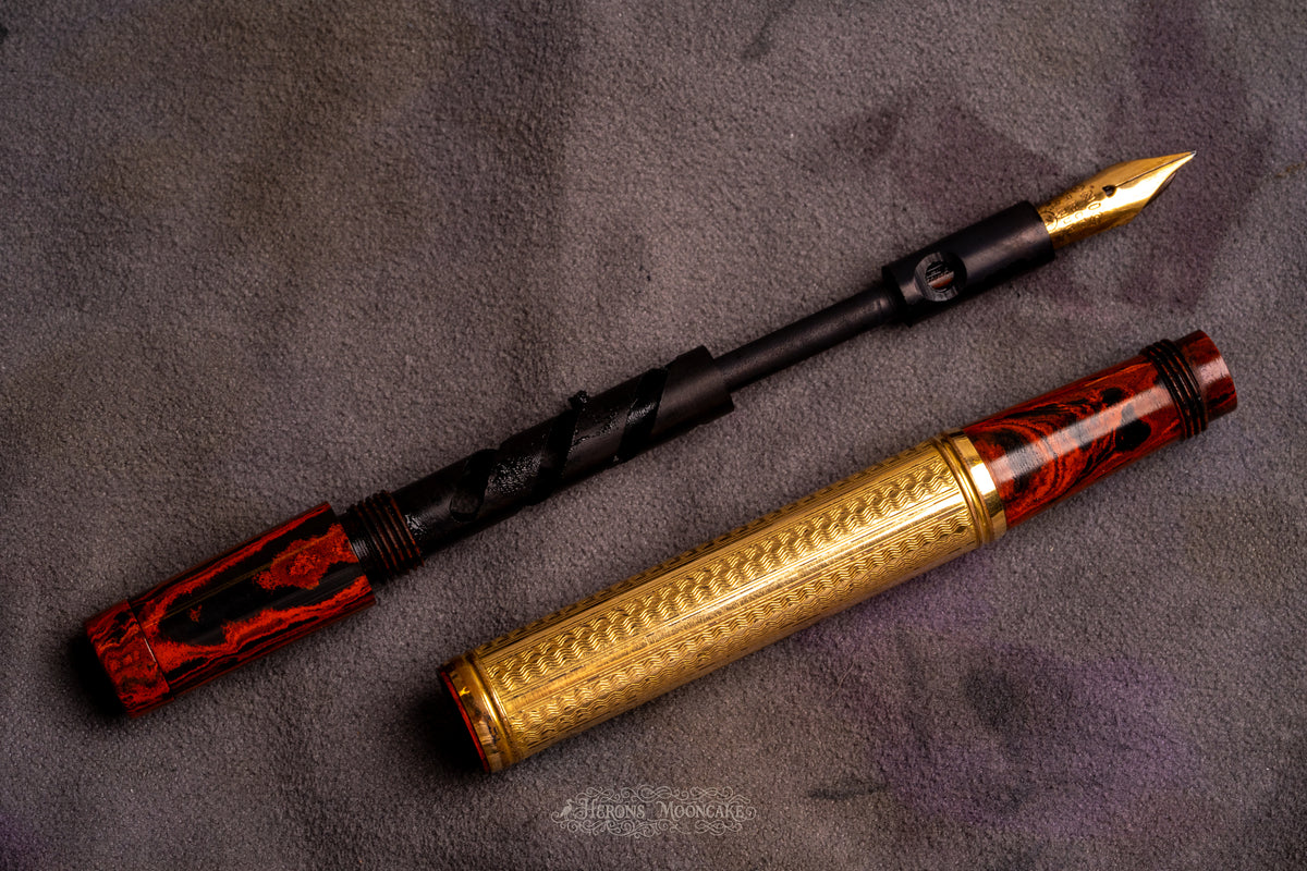 Unic | 1 Safety | Red Mottled French Ebonite, GF Waves Guilloché Overlay | 18ct #2 Flex