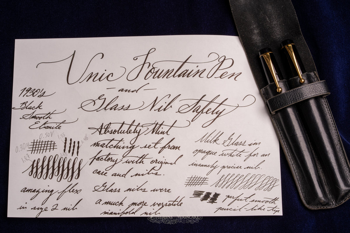 Unic | Fountain Pen & Glass Nib Safety Duo Set | Black Ebonite, Gold Trim | 18ct #2 Flex + #2 Milk Glass