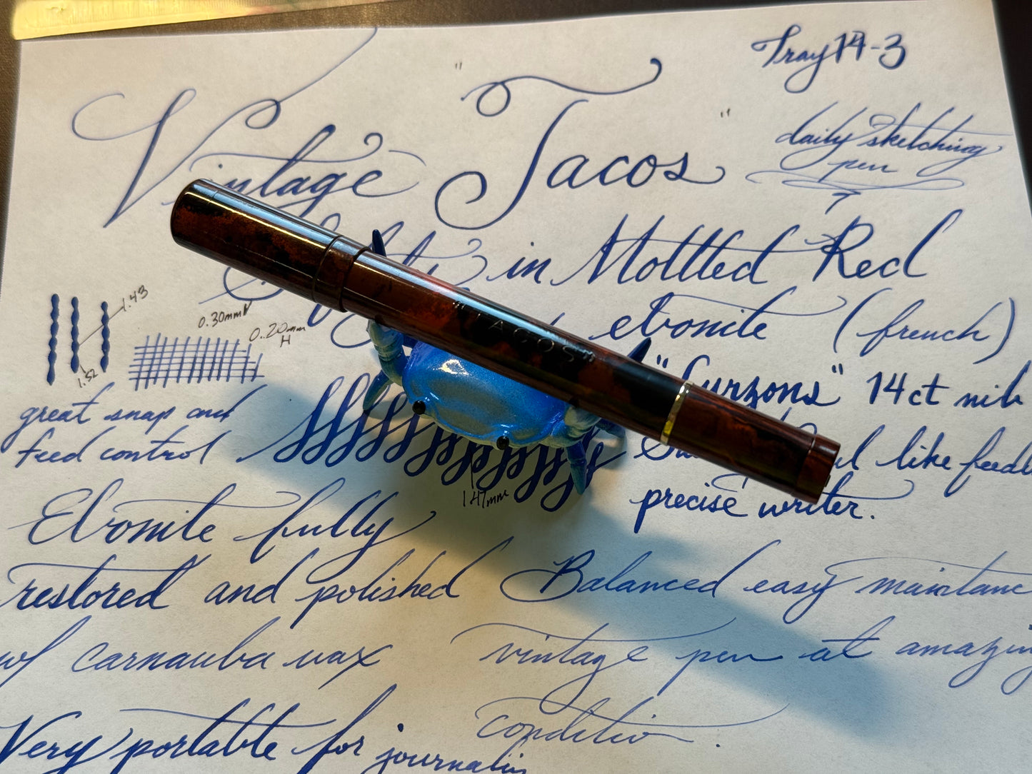 Tacos Mottled Safety Pen, 9k solid gold Barrel Band #2 Curzons 14ct gold Nib