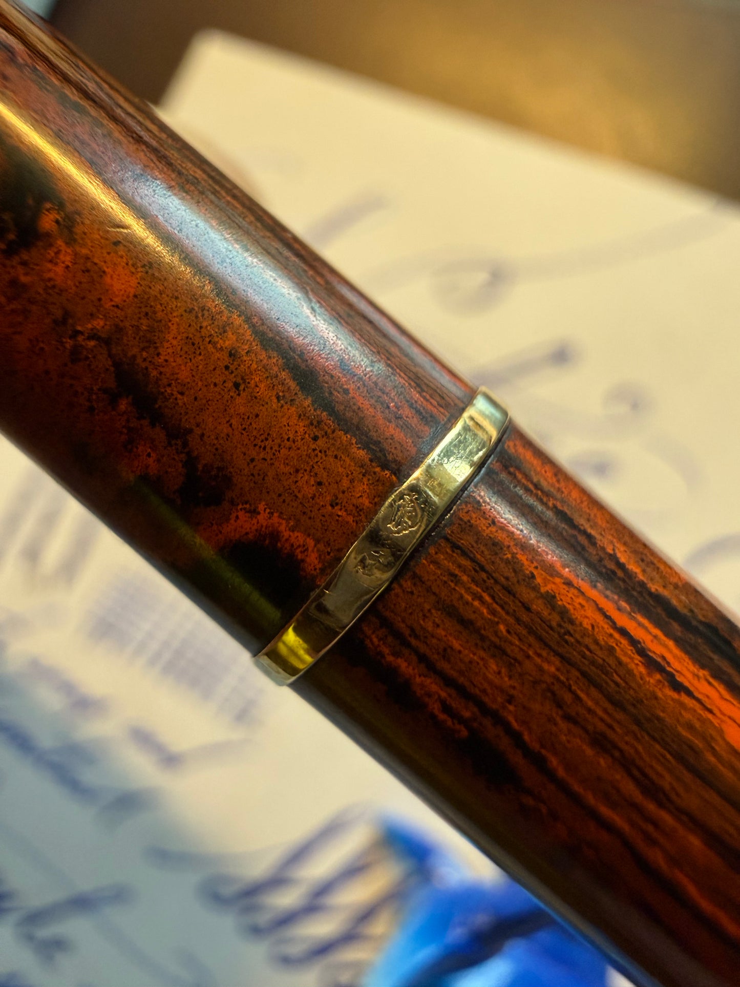 Tacos Mottled Safety Pen, 9k solid gold Barrel Band #2 Curzons 14ct gold Nib