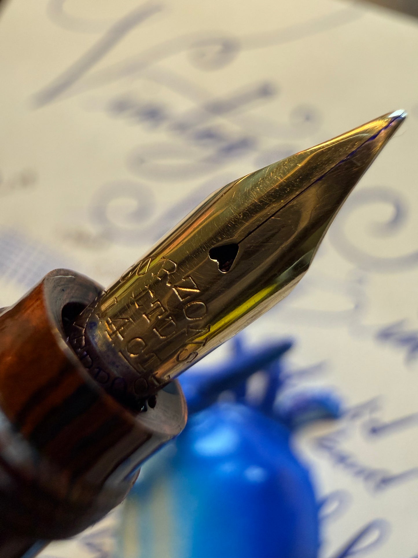 Tacos Mottled Safety Pen, 9k solid gold Barrel Band #2 Curzons 14ct gold Nib