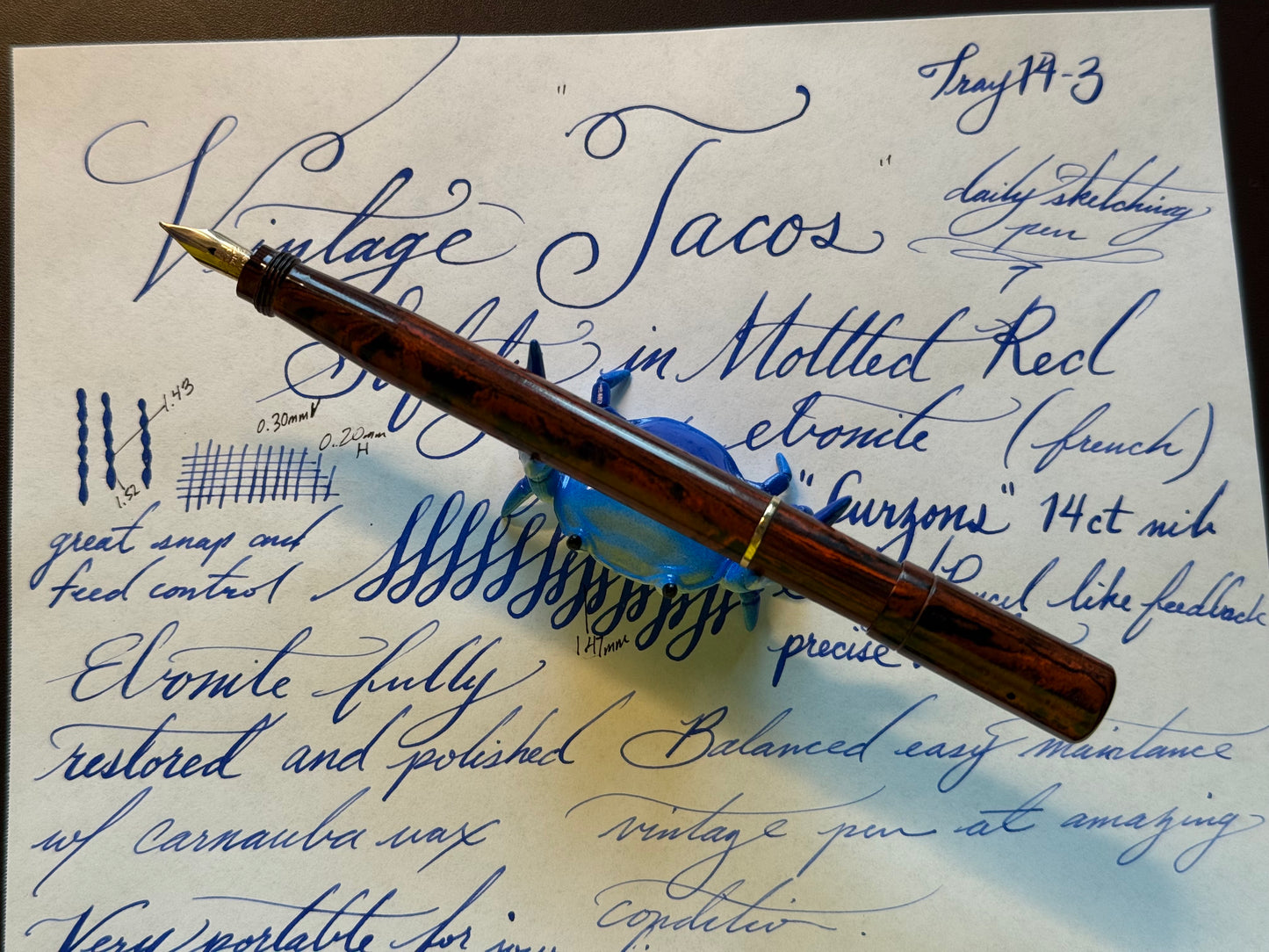 Tacos Mottled Safety Pen, 9k solid gold Barrel Band #2 Curzons 14ct gold Nib