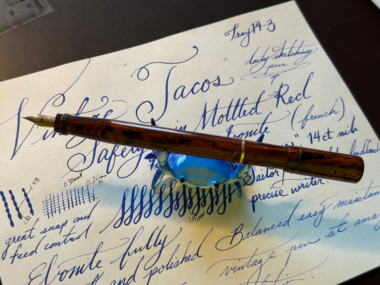 Tacos Mottled Safety Pen, 9k solid gold Barrel Band #2 Curzons 14ct gold Nib