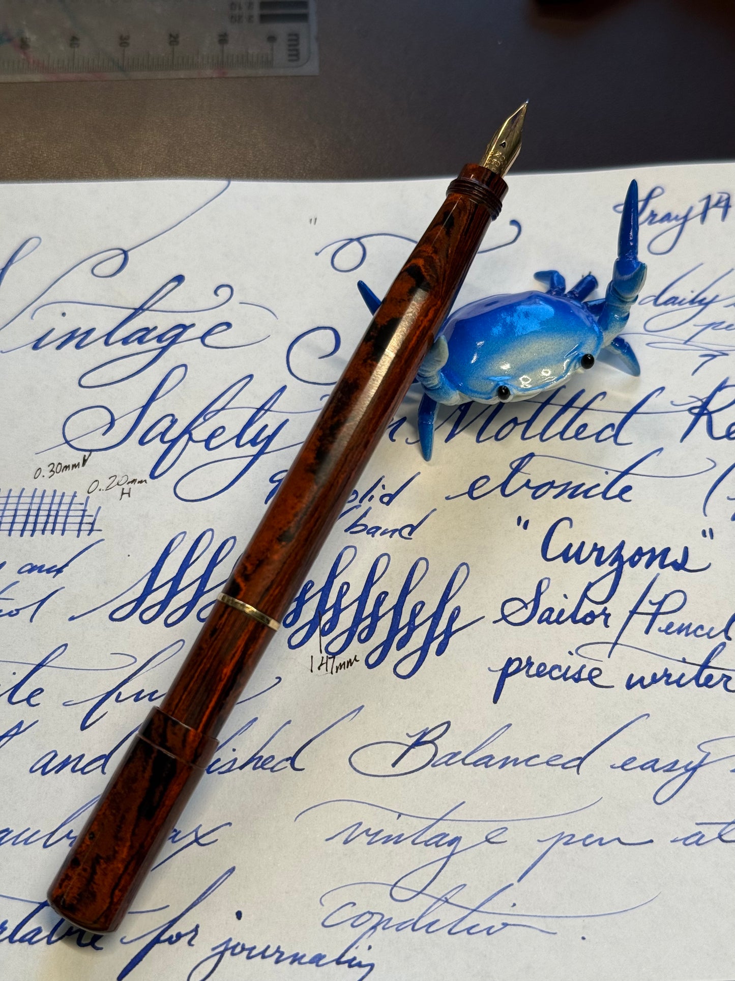 Tacos Mottled Safety Pen, 9k solid gold Barrel Band #2 Curzons 14ct gold Nib