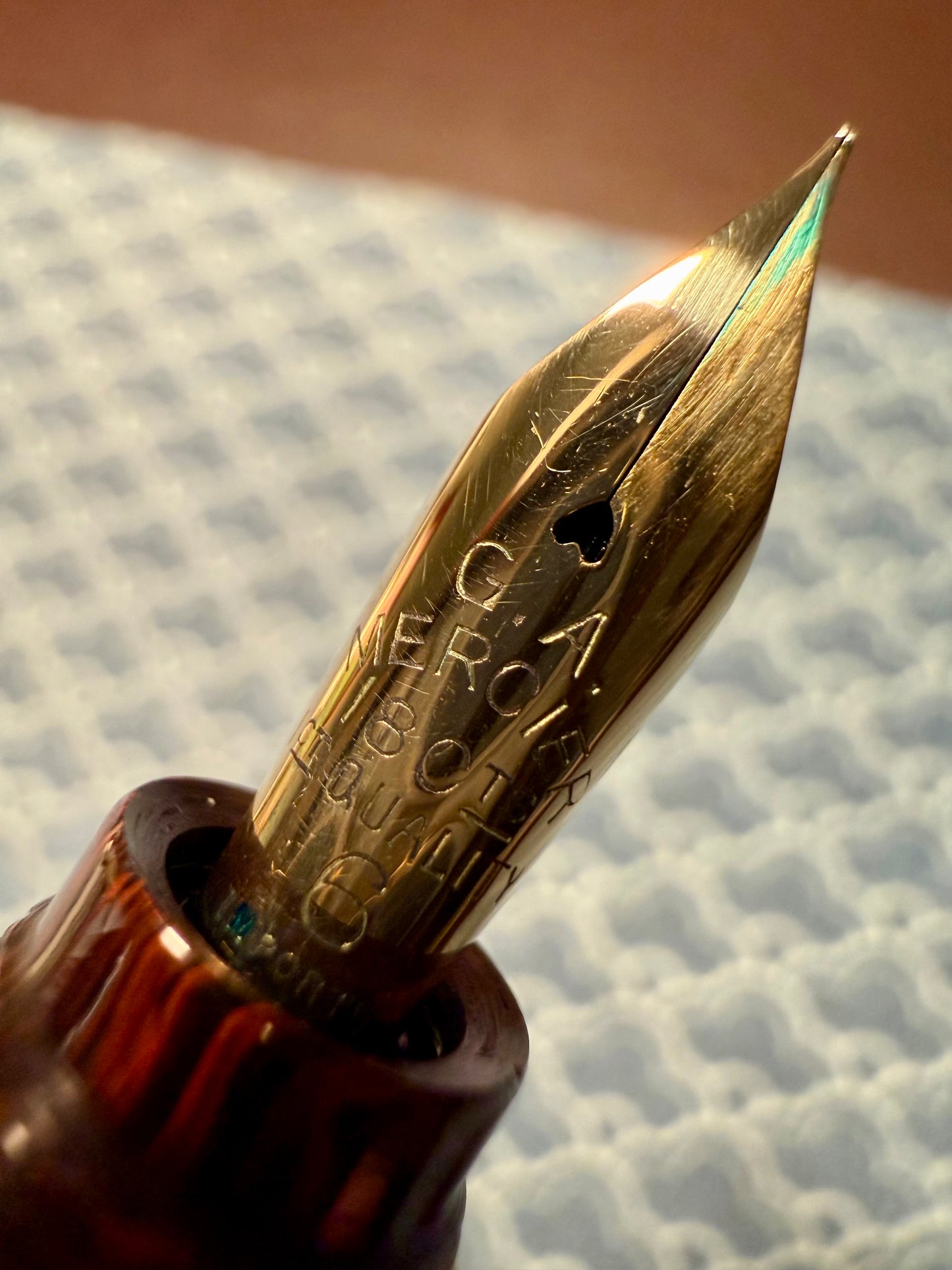 G.A. Mercier 6 Safety, Chased Mottled Ebonite  Gold Bands, #6 18ct Flex