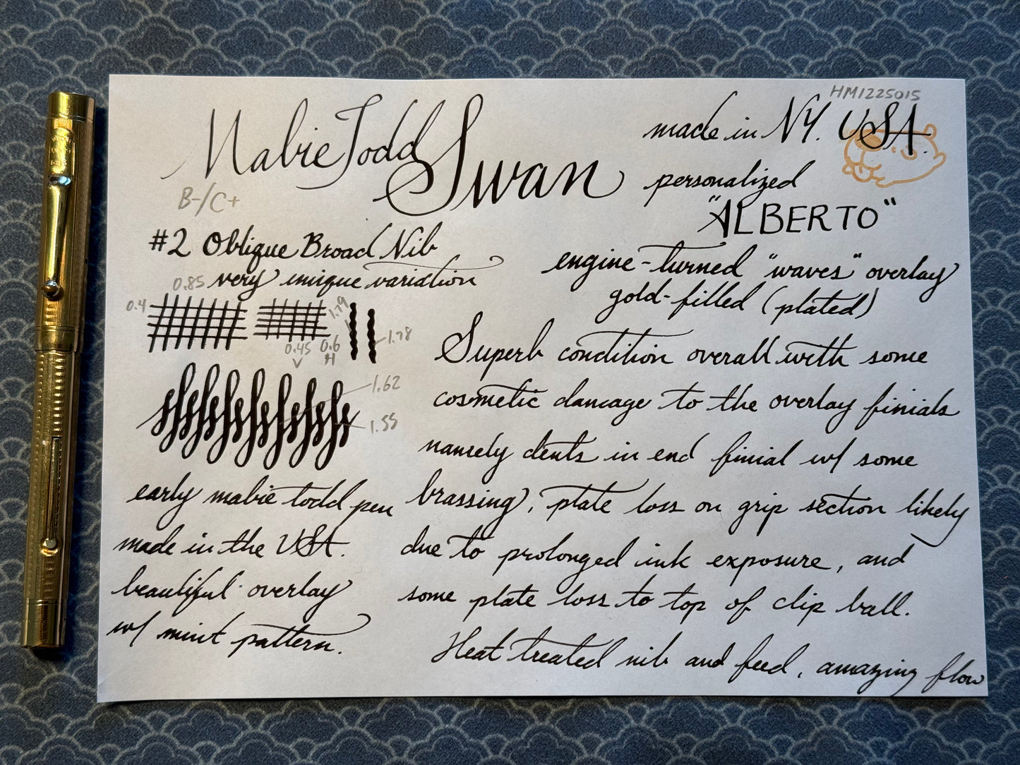 Mabie Todd Swan "Swan Pen", Gold-Filled Waves Overlay, #2 Oblique Broad 14ct nib