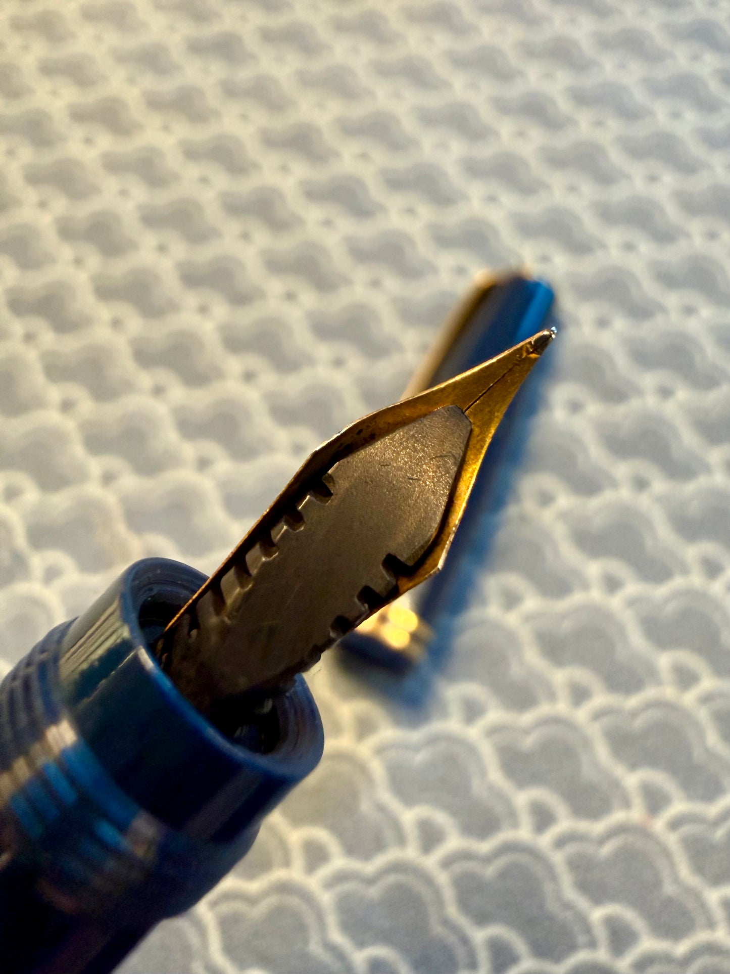 James Safety Pen, Blue Celluloid GPT, #2 Steel GP Flex Nib