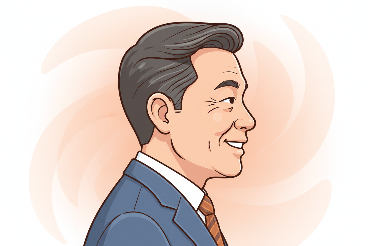 cartoon headshot profile of a 50 year old korean man