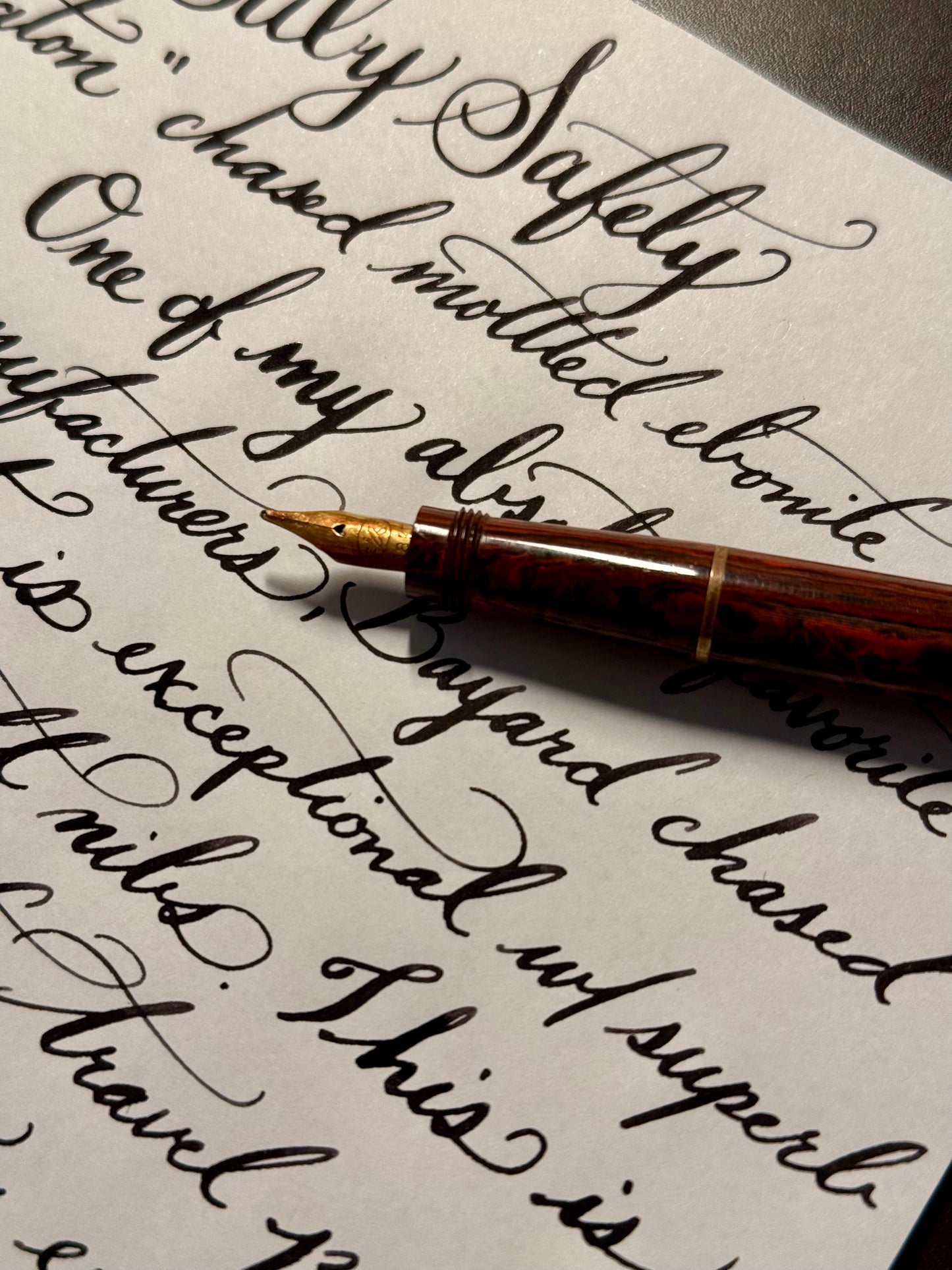 Bayard Baby Safety, Sheraton Chased Mottled Ebonite GPT, #2 18kt Bayard Nib